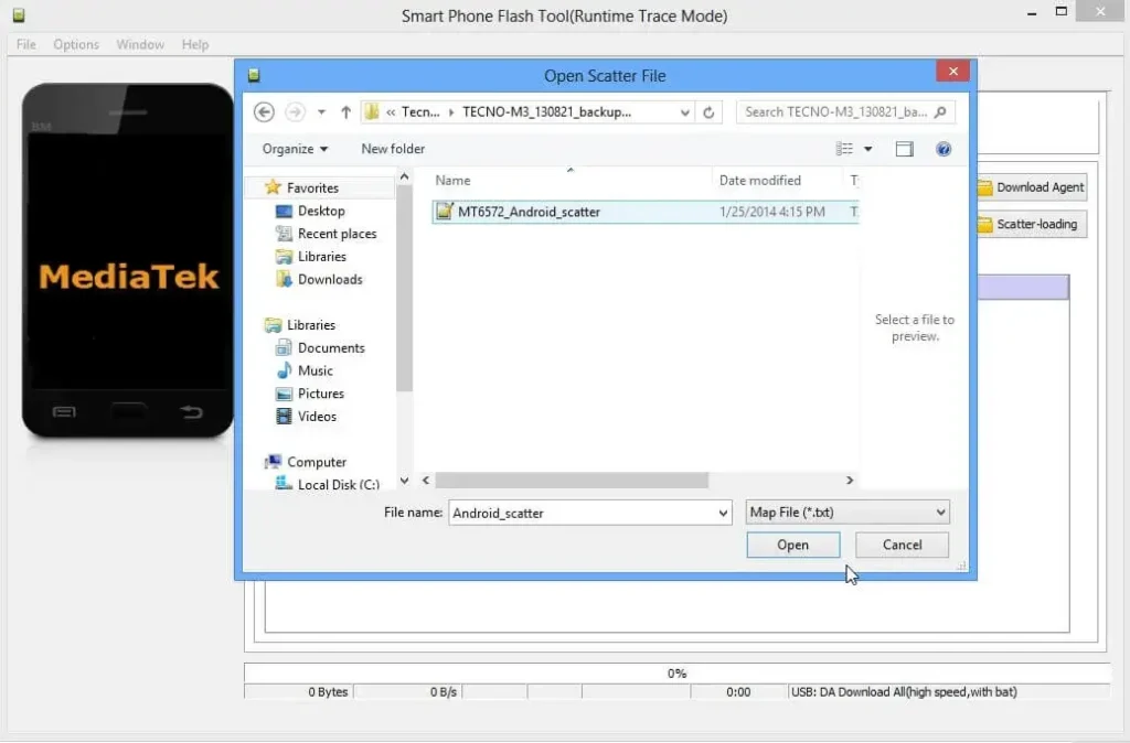 selecting the scatter file from the firmware to click Open for file to load on sp flash tool